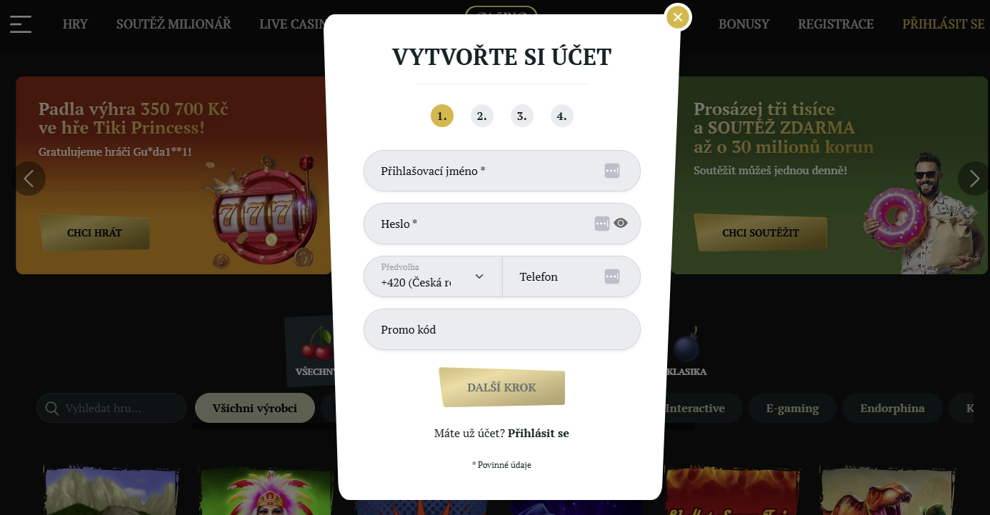 Registrace v Kartáč Casino